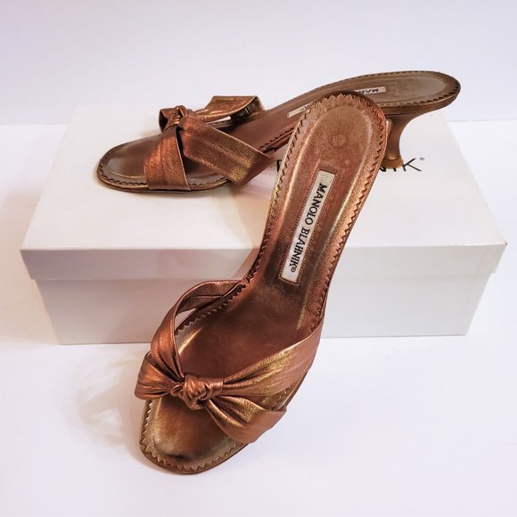 Manolo Blahnik Kitten Heel Sandals EU 37.5 (US 7.5) bronze oggiba - Picture 2 of 9